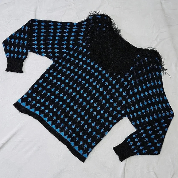 Vintage French Rags Hand Loomed Knit Sweater & Skirt Set Black Blue Fringe Size - Picture 6 of 13